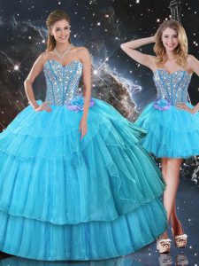 Aqua Blue Sleeveless Organza Lace Up Quince Ball Gowns for Military Ball and Sweet 16 and Quinceanera