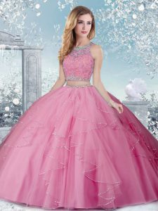 Sleeveless Tulle Floor Length Clasp Handle Sweet 16 Dress in Rose Pink with Beading