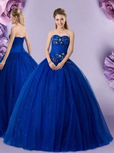 Floor Length Lace Up Sweet 16 Quinceanera Dress Royal Blue for Military Ball and Sweet 16 and Quinceanera with Beading and Appliques