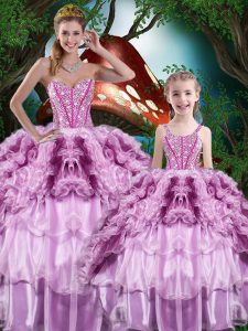 Cute Sweetheart Sleeveless 15th Birthday Dress Floor Length Beading and Ruffles and Ruffled Layers Multi-color Organza