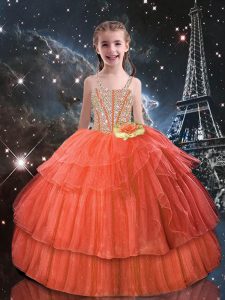 Orange Red Child Pageant Dress Quinceanera and Wedding Party with Beading and Ruffled Layers Straps Short Sleeves Lace Up