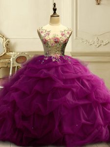 Fashionable Floor Length Ball Gowns Sleeveless Fuchsia Quinceanera Gowns Lace Up