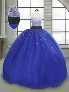 Perfect Royal Blue Ball Gowns Strapless Sleeveless Tulle Floor Length Lace Up Beading and Sequins Quince Ball Gowns