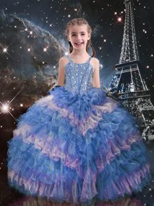 Stylish Light Blue Sleeveless Beading and Ruffled Layers Floor Length Pageant Gowns For Girls