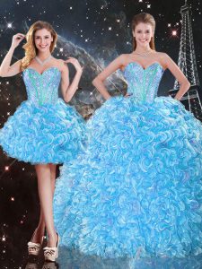 Deluxe Baby Blue Lace Up Quince Ball Gowns Beading and Ruffles Sleeveless Floor Length