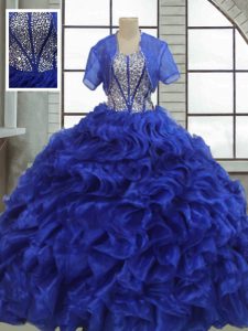 Amazing Floor Length Royal Blue Vestidos de Quinceanera Organza Short Sleeves Ruffles