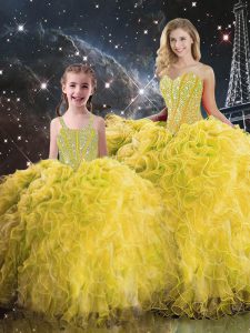 Yellow Sleeveless Floor Length Beading and Ruffles Lace Up Quince Ball Gowns