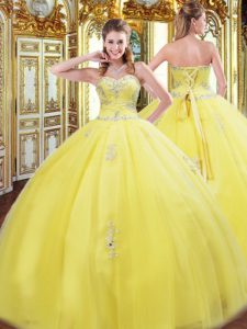 Customized Sweetheart Sleeveless 15th Birthday Dress Floor Length Beading and Appliques Yellow Tulle