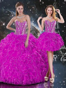 Top Selling Fuchsia Ball Gowns Sweetheart Sleeveless Organza Floor Length Lace Up Beading and Ruffles Sweet 16 Dresses