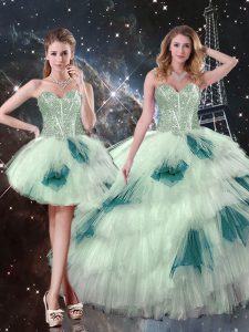 Low Price Sweetheart Sleeveless Quinceanera Dresses Floor Length Beading and Ruffled Layers and Sequins Multi-color Tulle