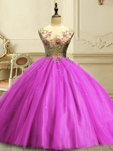Unique Fuchsia Lace Up Ball Gown Prom Dress Appliques and Sequins Sleeveless Floor Length