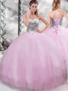 Simple Sleeveless Tulle Brush Train Lace Up Quinceanera Gown in Lilac with Beading