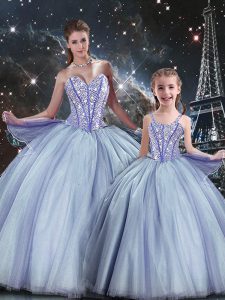 Hot Sale Sweetheart Sleeveless Ball Gown Prom Dress Floor Length Beading Lavender Tulle