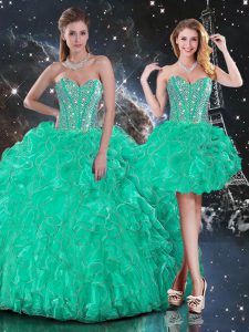 Turquoise Sleeveless Organza Lace Up Quinceanera Gowns for Military Ball and Sweet 16 and Quinceanera