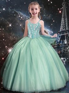 Sleeveless Tulle Floor Length Lace Up Pageant Gowns For Girls in Turquoise with Beading