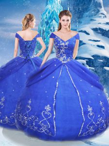 Spectacular Blue Quinceanera Dress Military Ball and Sweet 16 and Quinceanera with Appliques V-neck Short Sleeves Lace Up