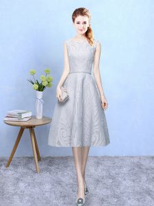 Superior Tea Length Grey Quinceanera Court Dresses Lace Sleeveless Lace