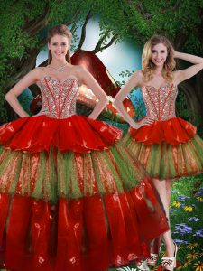 Perfect Floor Length Wine Red Quinceanera Gown Organza Sleeveless Beading and Ruffled Layers