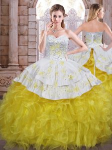 New Arrival Beading and Appliques and Ruffles Ball Gown Prom Dress Yellow And White Lace Up Sleeveless Floor Length
