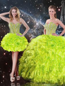 Flare Sleeveless Organza Floor Length Lace Up Ball Gown Prom Dress in Yellow Green with Beading and Ruffles