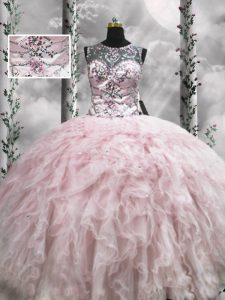 Captivating Pink Tulle Zipper Sweet 16 Dresses Sleeveless Floor Length Beading and Ruffles