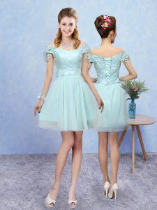 Charming Aqua Blue Short Sleeves Lace Mini Length Quinceanera Dama Dress