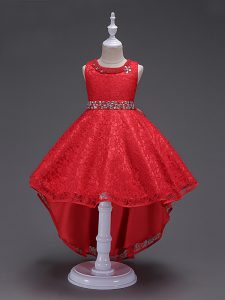 Red Sleeveless Lace Lace Up Little Girls Pageant Dress Wholesale for Wedding Party