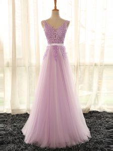 Suitable Sleeveless Tulle Floor Length Lace Up Court Dresses for Sweet 16 in Lilac with Appliques
