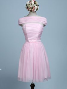 Baby Pink Empire Belt Dama Dress for Quinceanera Side Zipper Tulle Sleeveless Mini Length