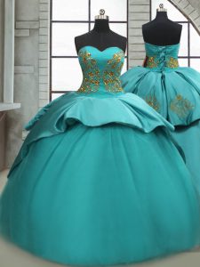 Turquoise Satin Lace Up Quinceanera Gowns Sleeveless Sweep Train Beading and Appliques