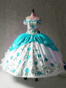 Multi-color Off The Shoulder Lace Up Embroidery and Ruffles Quinceanera Gowns Cap Sleeves