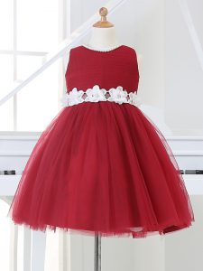 Scoop Sleeveless Little Girl Pageant Gowns Knee Length Appliques Wine Red Tulle