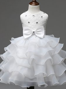 White Sleeveless Knee Length Lace and Ruffled Layers and Bowknot Zipper Little Girls Pageant Dress