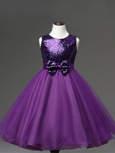 Pretty Purple Scoop Zipper Sequins and Bowknot Girls Pageant Dresses Sleeveless