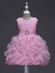 Rose Pink Sleeveless Organza Lace Up Girls Pageant Dresses for Wedding Party