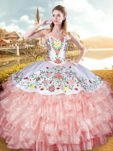 Unique Peach Ball Gowns Organza and Taffeta Sweetheart Sleeveless Embroidery and Ruffled Layers Floor Length Lace Up Quinceanera Dress