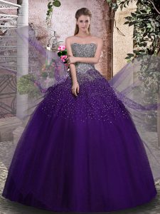 Graceful Sleeveless Tulle Floor Length Lace Up Vestidos de Quinceanera in Purple with Beading