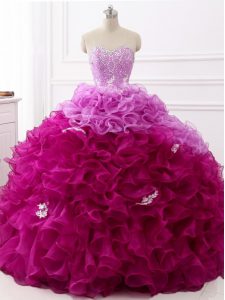 Glittering Sweetheart Sleeveless Quinceanera Gowns Brush Train Beading and Appliques and Ruffles Multi-color Organza