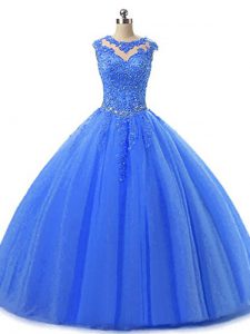 Blue Tulle Lace Up Scoop Sleeveless Floor Length Ball Gown Prom Dress Beading and Lace