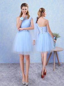 Aqua Blue A-line Tulle Asymmetric Sleeveless Belt Mini Length Lace Up Dama Dress for Quinceanera