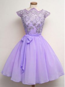 Knee Length Lavender Dama Dress for Quinceanera Scalloped Cap Sleeves Lace Up