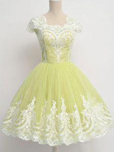 Yellow Green A-line Tulle Square Cap Sleeves Lace Knee Length Zipper Quinceanera Dama Dress
