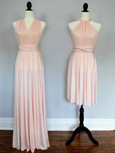 Cute Floor Length Baby Pink and Peach Dama Dress for Quinceanera Chiffon Sleeveless Ruching