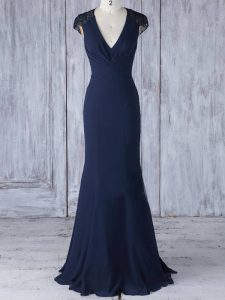 Noble V-neck Cap Sleeves Quinceanera Court Dresses Floor Length Lace Navy Blue Chiffon