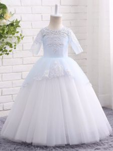 Floor Length Clasp Handle Girls Pageant Dresses Blue And White for Wedding Party with Appliques