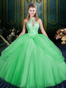 Superior Green Lace Up Halter Top Beading and Pick Ups 15th Birthday Dress Tulle Sleeveless