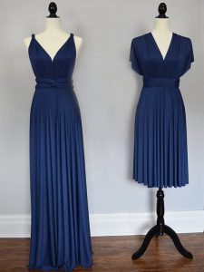 Customized Floor Length Navy Blue Quinceanera Court Dresses Chiffon Sleeveless Ruching
