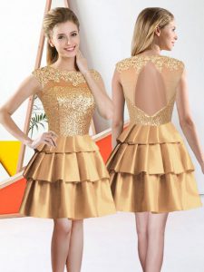 Gold Taffeta Backless Court Dresses for Sweet 16 Sleeveless Knee Length Beading and Lace