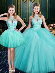 High End Aqua Blue Ball Gowns Halter Top Sleeveless Tulle Floor Length Lace Up Beading and Pick Ups Sweet 16 Quinceanera Dress