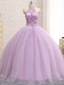 Sleeveless Beading Lace Up Ball Gown Prom Dress with Lilac Brush Train